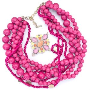 Magenta Colored Beaded+Gold Multi Strand Statement Necklace & Vintage Brooch